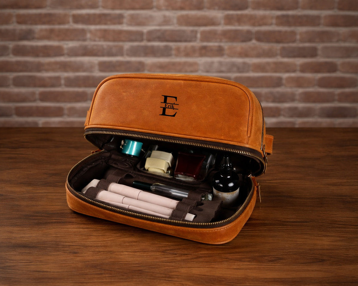 Leather Travel Toiletry Bag for Men, Travel Toiletry Organizer Dopp Kit Bag Brown / Yes