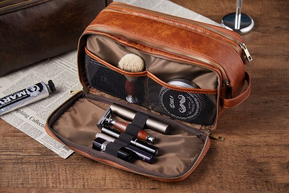 Groomsmen Gift Toiletry Bag for Men, Travel Shaving Dopp Kit Bag Brown / No