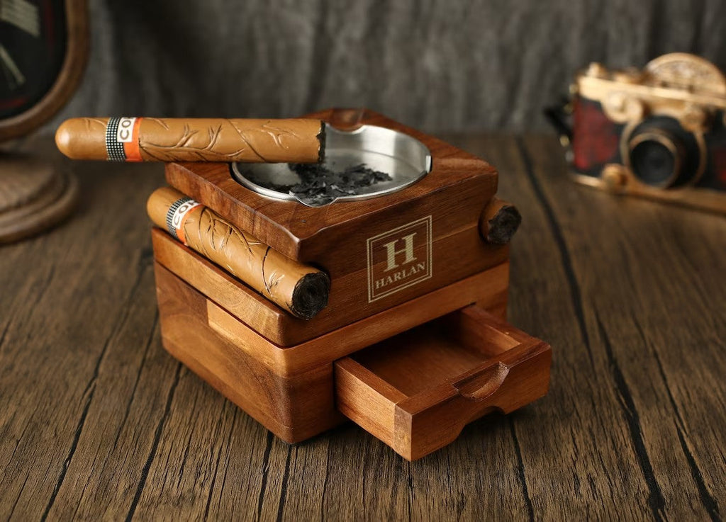 Wood Cigar Ashtray Coaster with Whiskey Glass Tray Set
