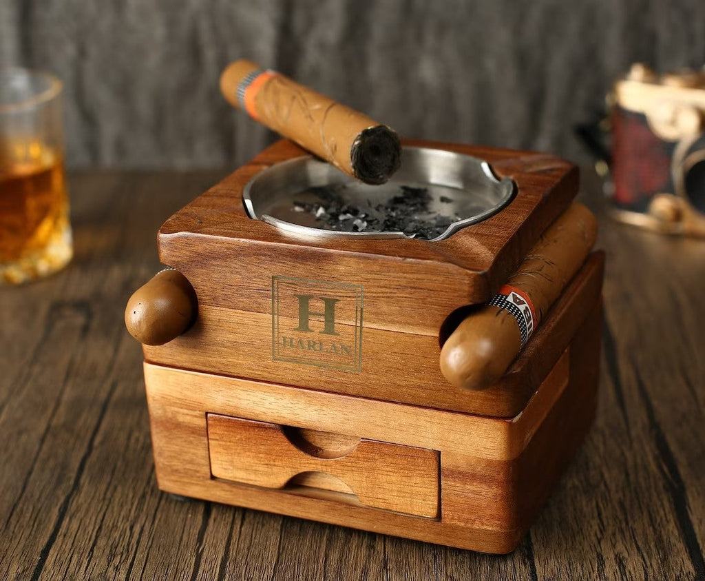 Wood Cigar Ashtray Coaster with Whiskey Glass Tray Set
