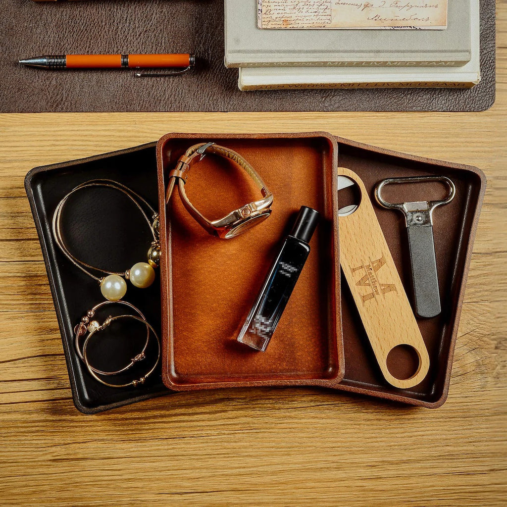 Personalized Leather Tray, Full Grain Leather Valet Catchall Tray