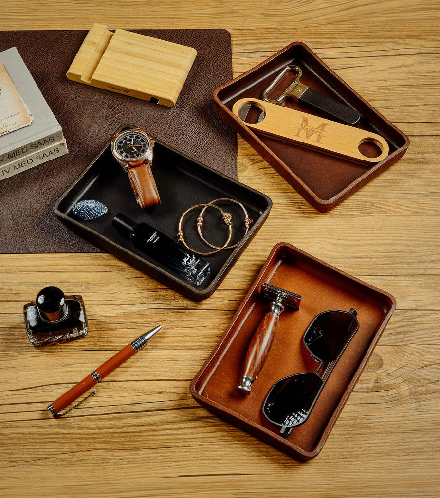 Personalized Leather Tray, Full Grain Leather Valet Catchall Tray