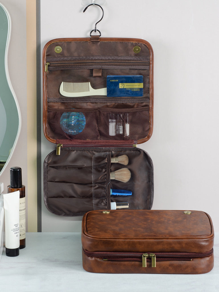 Water-resistant Vegan Leather Toiletry Bag, Hanging Travel Organizer  3 in 1