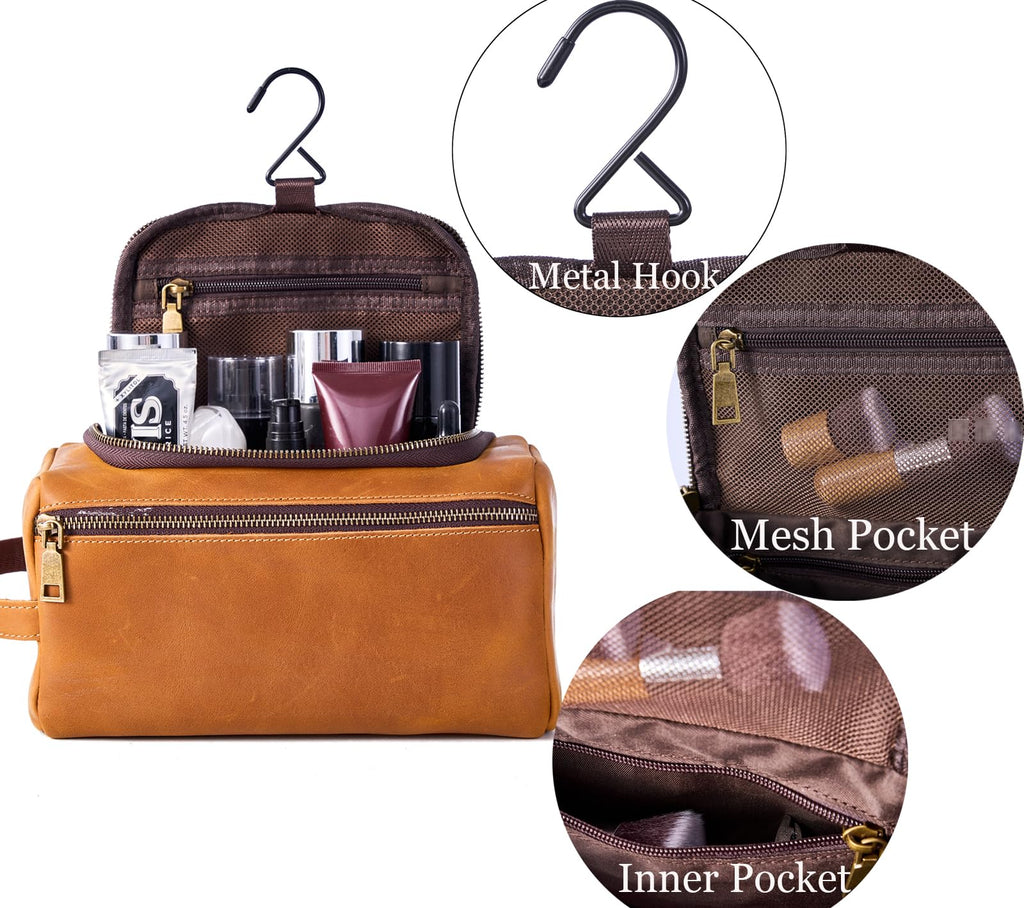 Full Grain Leather Hanging Toiletry Bag for Men Dopp Kit Shaving Bag