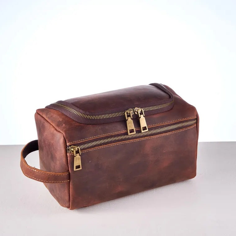 Full Grain Leather Hanging Toiletry Bag for Men Dopp Kit Shaving Bag