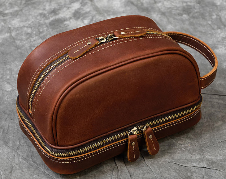 Personalized Tan Leather Toiletry Bag