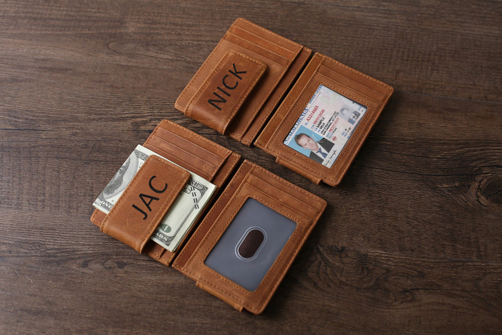 Personalized RFID Blocking Leather Money Clip, Money Clip w/ ID Wallet,Groomsman Gift